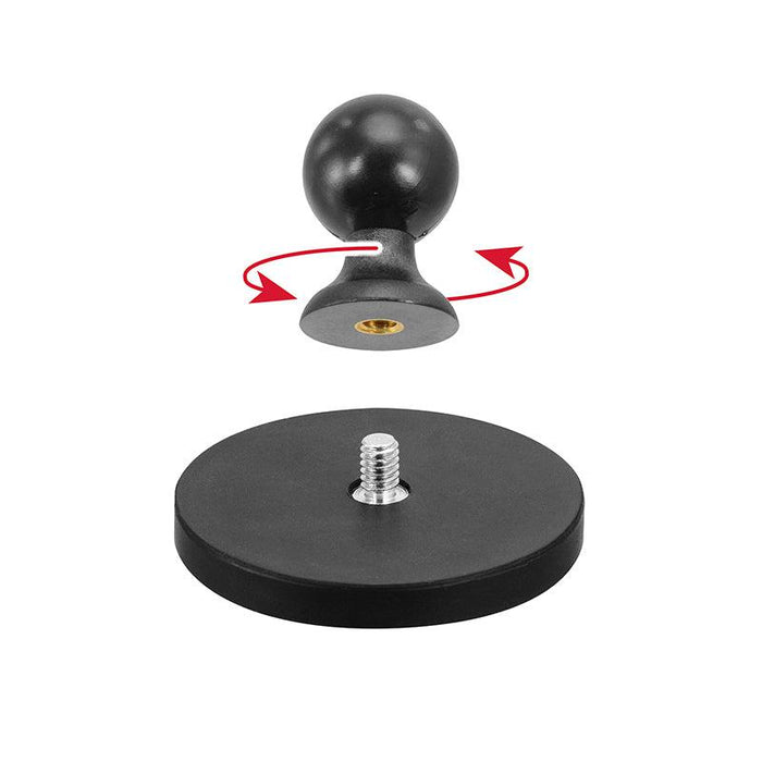 A round black knob with a metal threaded insert hovers above the 65mm Diameter Round Heavy-Duty Magnetic Base with 25mm (1 inch) Ball, showing attachment by twisting as indicated by red arrows.