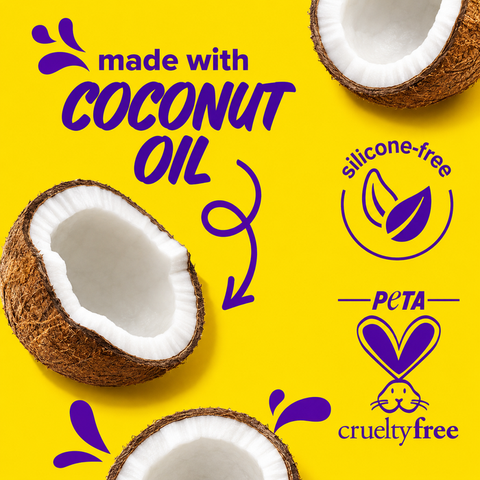 made with coconut oil graphic featuring realistic coconut halves on a bright yellow background. the design highlights silicone-free and peta cruelty free claims with bold purple typography, playful graphics, and ingredient-inspired visuals.