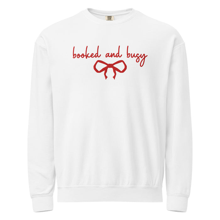 Booked and Busy Embroidered Fleece Crewneck Sweatshirt - The Bean Workshop - Coquette Aesthetic, Coquette Aesthetic Holiday Crewneck, Cozy Reading, Embroidered Bow, Embroidered Bow Sweatshirt for Readers, Embroidered Sweatshirt, Fleece Crewneck, Holiday Apparel, Holiday Gifting, Minimalist Christmas, Minimalist Christmas Book Lover Gift, Red Bow