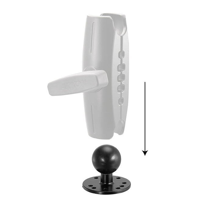 The Circular Metal 38mm (1.5 inch) Ball to 4-Hole AMPS Adapter in black is shown beneath a semi-transparent holder with a downward arrow, illustrating assembly—perfect for dashboard mounting setups.