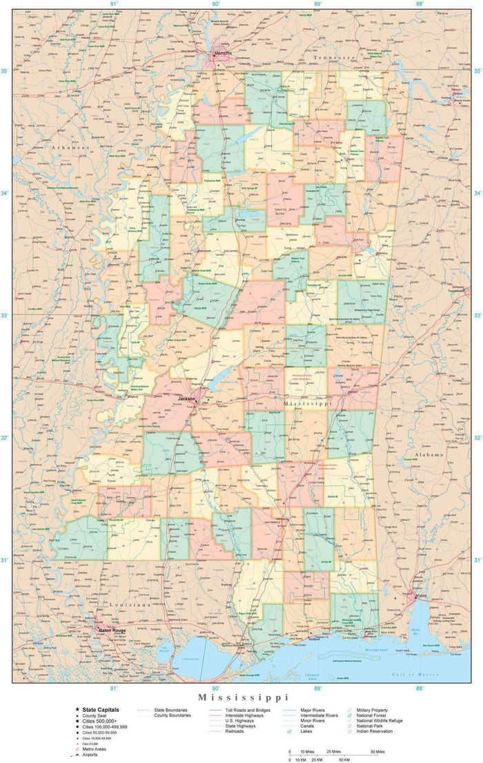 Detailed Mississippi Digital Map with Counties, Cities, Highways, Railroads, Airports, and more