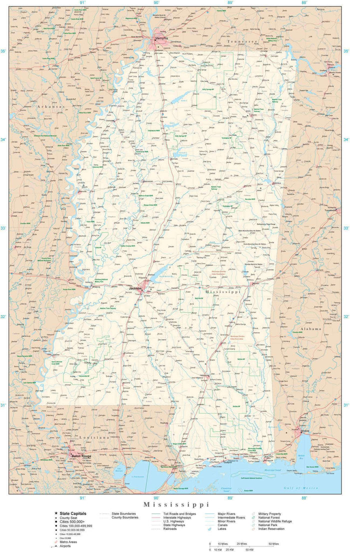 Detailed Mississippi Digital Map with County Boundaries, Cities, Highways, and more