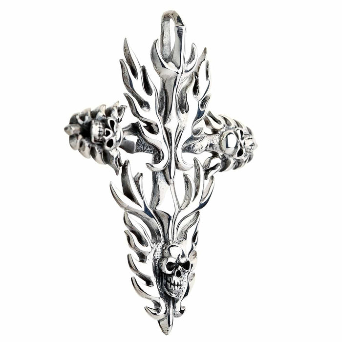 Angled perspective highlighting the intricate 3D depth of the radiating silver flames and integrated skull motifs.