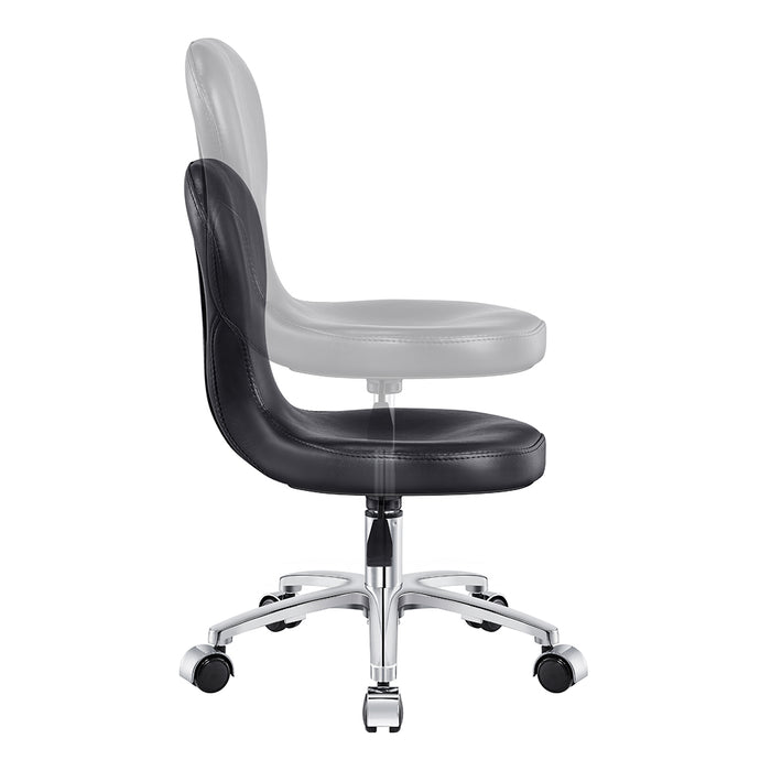Futuro Pedi Stool Black DIR by DIR shown at two seat heights with ergonomic backrest.