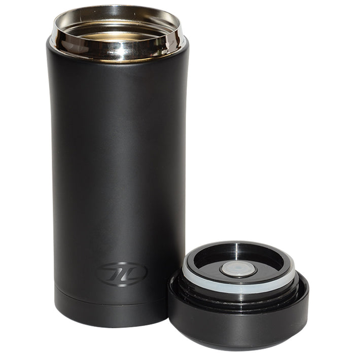 highlander black stainless steel sealed thermal mug with lid off