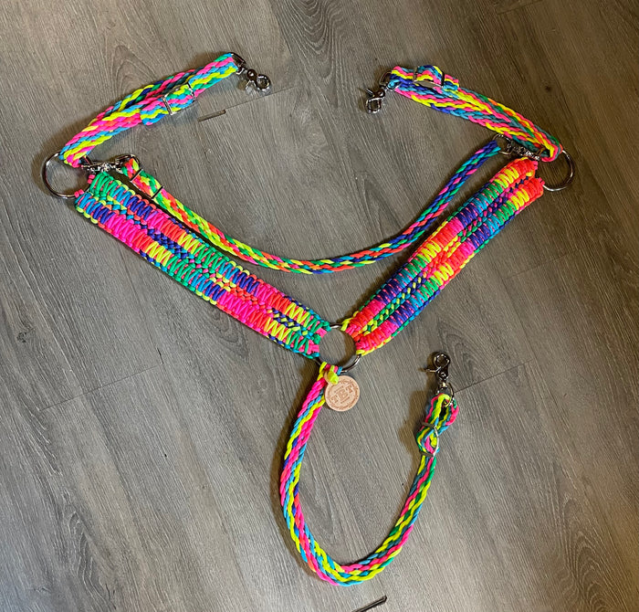 Horse tack set, (wide fringe breast collar, wither strap, reins, and bridle)