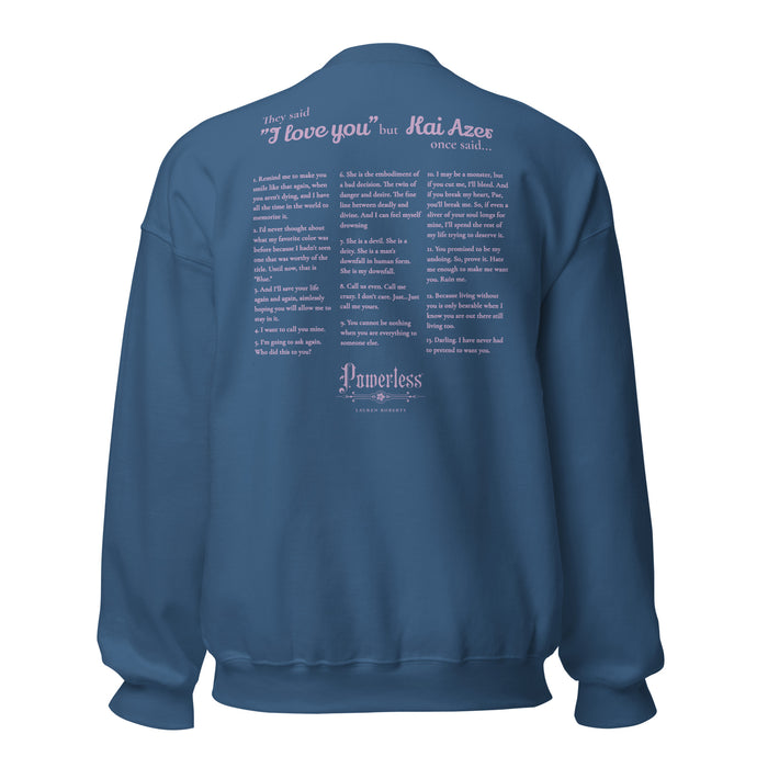Kai Azer Book Quotes Embroidered Sweatshirt - The Bean Workshop - embroidered, kai azer, lauren roberts, paedyn gray, powerless, pullover, sweater, sweatshirt