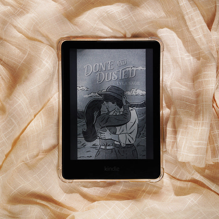 Digital tablet displaying an animated scene on a textured beige fabric background