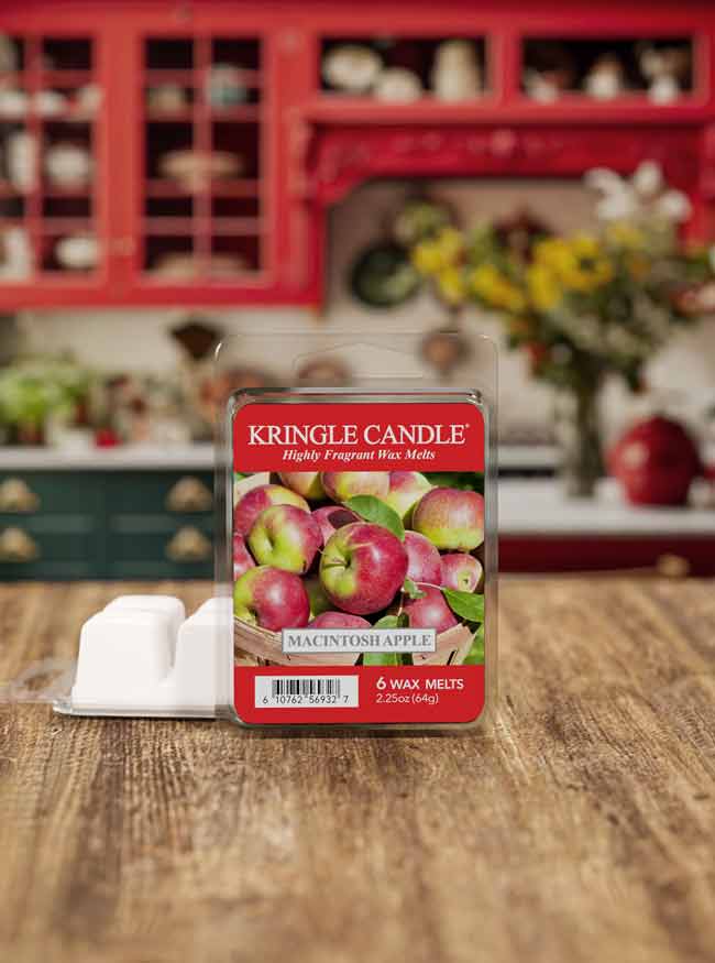 Kringle Candle wax melts packaging on a wooden surface with a kitchen background