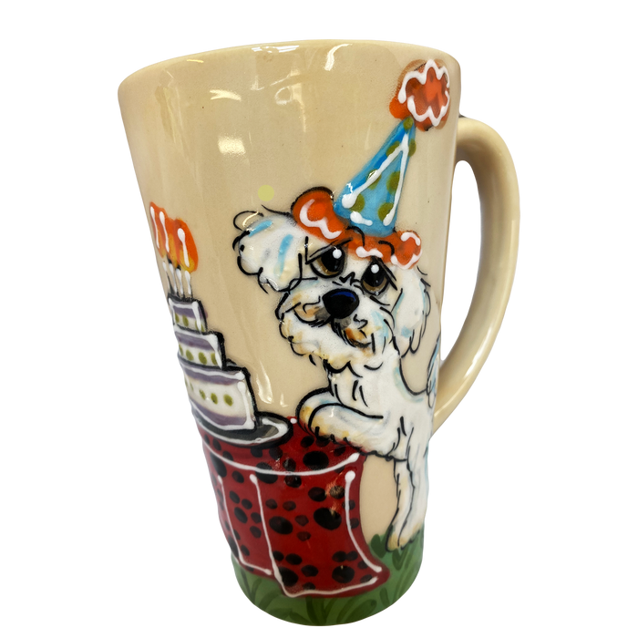 Dog Birthday Mug featuring white Maltese in birthday hat