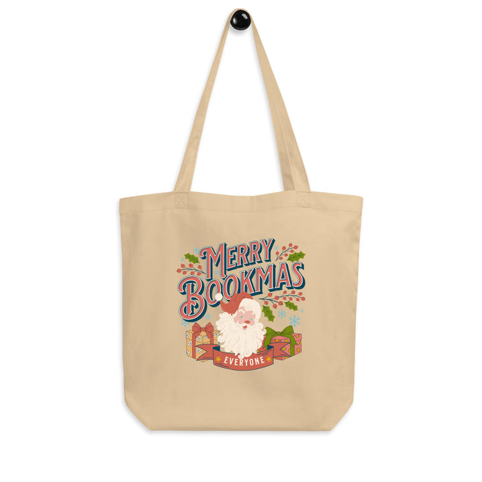 Merry Bookmas Organic Cotton Twill Tote Bag - The Bean Workshop - Bookaholic, Bookish Christmas, Bookworm Gift Bag, Canvas Tote, Christmas Reading Tote for Book Lovers, Festive Accessory, Gift for Readers, Holiday Shopping Bag, Library Tote, Merry Bookmas Tote Bag, Retro Holiday, Santa Claus, Vintage Santa Tote