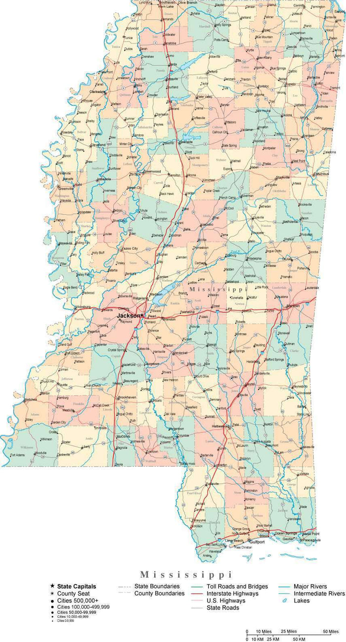 Mississippi State Map - Multi-Color Cut-Out Style - with Counties, Cities, County Seats, Major Roads, Rivers and Lakes