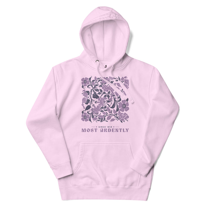 Most Ardently Premium Hoodie - The Bean Workshop - Art Nouveau Floral, Bookish Loungewear, Cottagecore Aesthetic, Cozy Fashion, Gift for Romantic, Hoodie, Jane Austen, Janeite, Lavender Purple Design, Most Ardently Floral Book Hoodie, Pride and Prejudice, Reading Nook, Romantic Literary Quote Pullover
