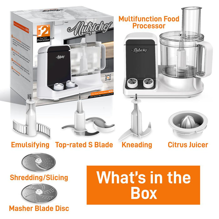 Multifunction Food Processor - Ultra Quiet Powerful Motor, Includes 6 Attachment Blades, Up To 2L Capacity