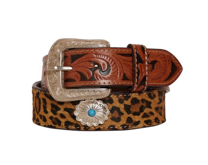 myra hand tooled brown cheetah print L belt