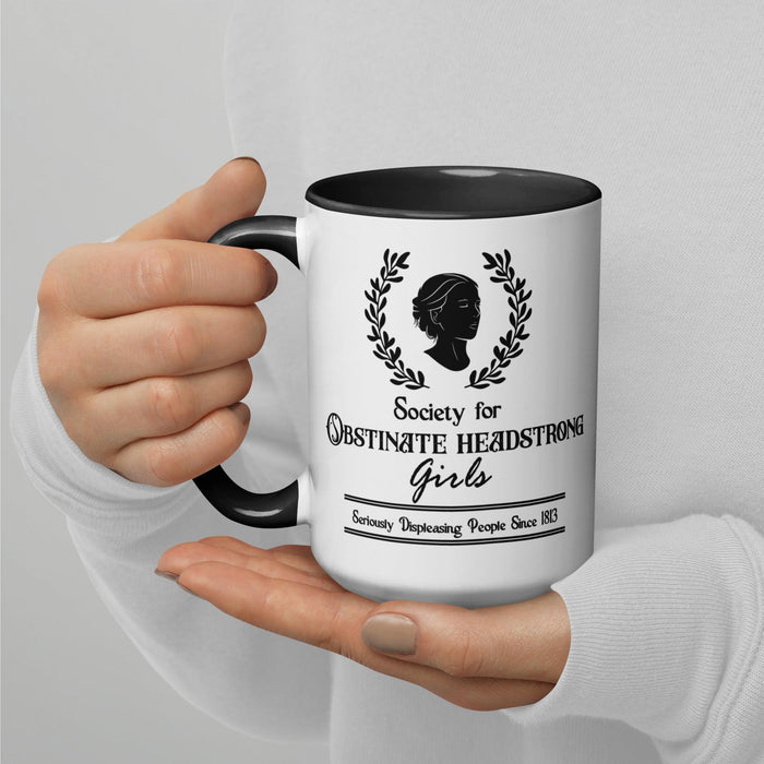 Obstinate Headstrong Girls Coffee Mug - The Bean Workshop - Black and White Graphic, ceramic mug, Dark Academia, Gift for Bookworms, jane austen, Jane Austen Tea Cup for Readers, Janeite, Laurel Wreath Design, Minimalist Aesthetic, Morning Coffee, mug, Obstinate Headstrong Girls Ceramic Mug, Silhouette Art