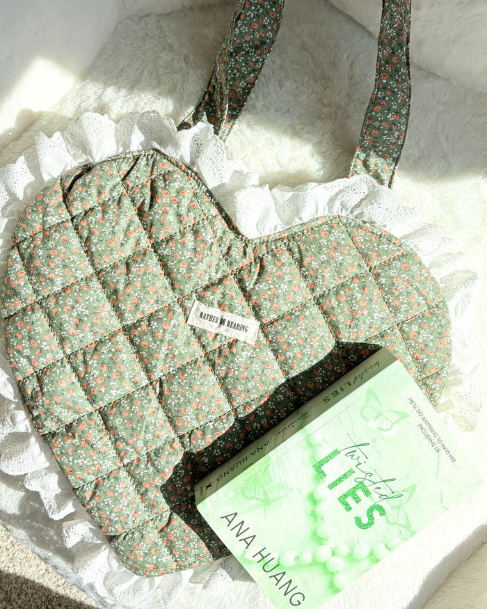 Rather Be Reading Green Quilted Heart Tote Bag with Ruffled Lace Trimming - The Bean Workshop - book girlie, book tote bag, coquette, Coquette Aesthetic, decorative pillow, gift for book lovers, girlie, girly, heart tote, quilted tote, quilted tote bag, reading tote bag, tote bag, valentines gift