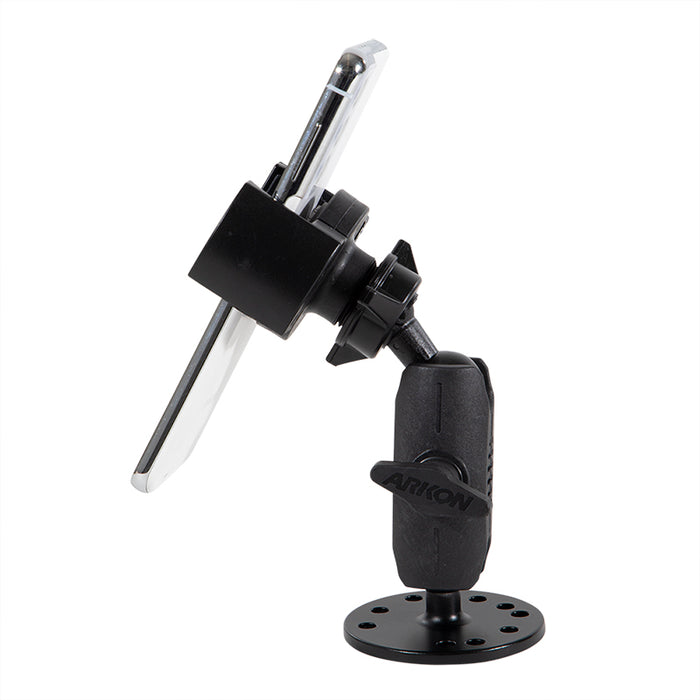 The RoadVise® XL Holder with Circular Drill-Base Mount securely holds your smartphone in landscape mode, features a rotating joint for adjustable positioning, and offers stable desk or wall mounting.