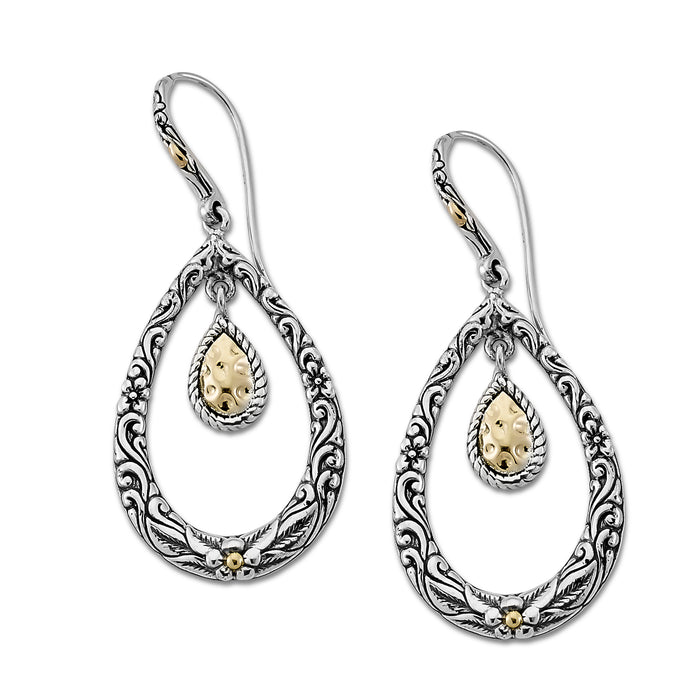 Samuel B. Sterling Silver and 18K Yellow Gold Floral and Hammered Design Open Teardrop Lopok Earrings. Our Sterling Silver 18k solid Gold hammer design tear drop earrings with stud, handcrafted in Bali by our skilled artisans. From our Bali Privé™ collection which embodies the 2021 PANTONE™ Colors of the Year, showcasing the perfect combination of sterling silver and solid 18k gold.