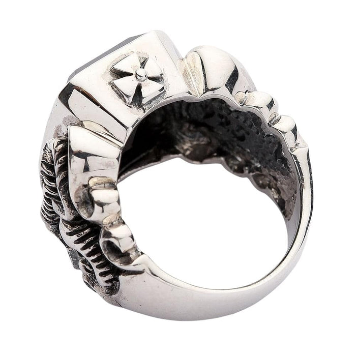 Celtic rampant lion ring with black stone showing band interior and craftsmanship