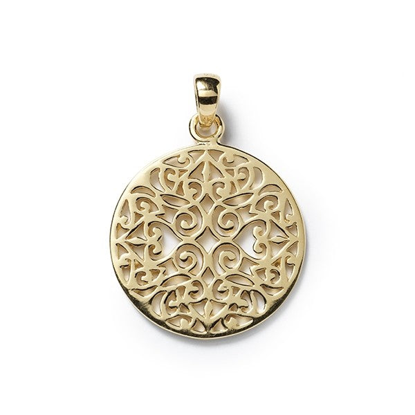 Southern Gates® Small Original Round Scroll Gold Plated Pendant Classic Series 30mm All Sunset Collection styles are Palladium over Sterling Silver with a 14K Hamilton finish. Designed and distributed in Charleston, SC An original design from the Southern Gates® Collection inspired by traditional filigree patterns found in historic wrought iron gates throughout the South.