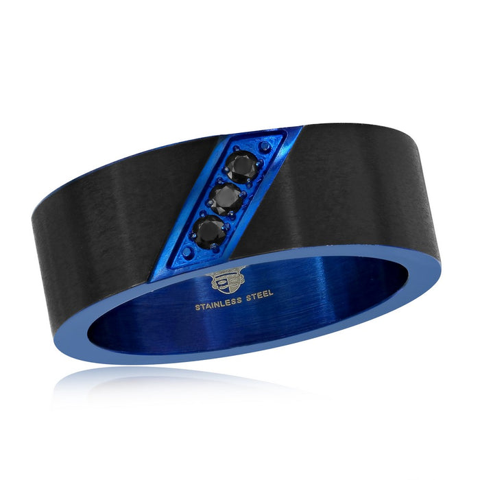 Stainless Steel 8mm Blue and Black Band with Black Cubic Zirconia,