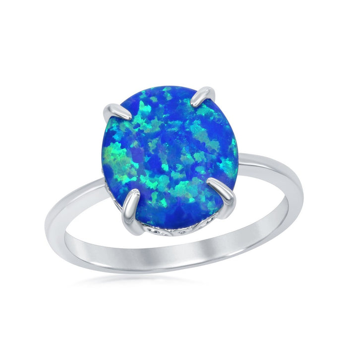 Sterling Silver Four-Prong Oval Blue Inlay Created Opal Ring, Size 7.