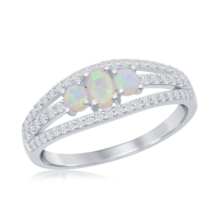 Sterling Silver Three Stone Round and Oval Created White Opal Ring