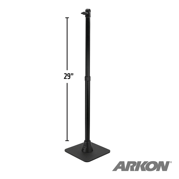 A 29-inch black adjustable camera stand with a rectangular weighted base, designed for converting CLAMPRV29 and CLAMPRCB. The ARKON logo is in the bottom right corner. Product: Weighted Base and Pole.