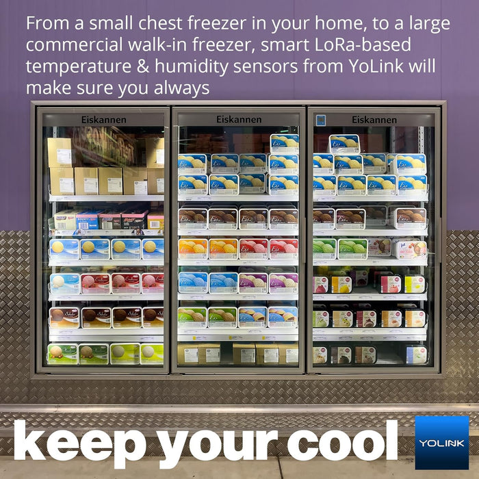 Commercial freezer with various products inside showing the ability for the X3 Outdoor Temperature & Humidity Sensor to determine the conditions.