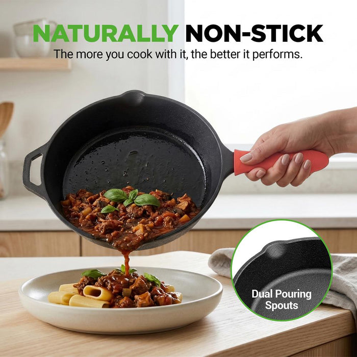 10" Cast Iron Skillet with Lid - Non-Stick, Oven Safe, Orange Handle