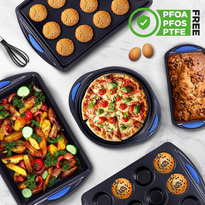 10-Piece Nonstick Bakeware Set - Easy Clean Carbon Steel, Red Handles