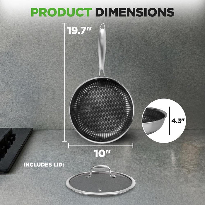 10" Stainless Steel Frying Pan, Non-Stick, Scratch-Resistant, w/Glass Lid