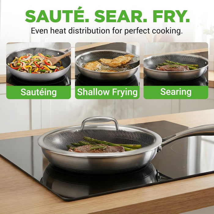 10" Stainless Steel Frying Pan, Non-Stick, Scratch-Resistant, w/Glass Lid