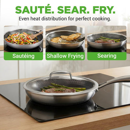 10" Stainless Steel Frying Pan, Non-Stick, Scratch-Resistant, w/Glass Lid