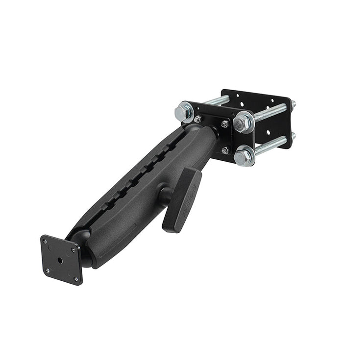 The 10.25 inch Metal Robust Forklift Front Guard AMPS Mount is a black adjustable mounting arm with handle and bolts on a metal bracket, ideal for securely attaching equipment to flat or pole surfaces in warehouse vehicles.