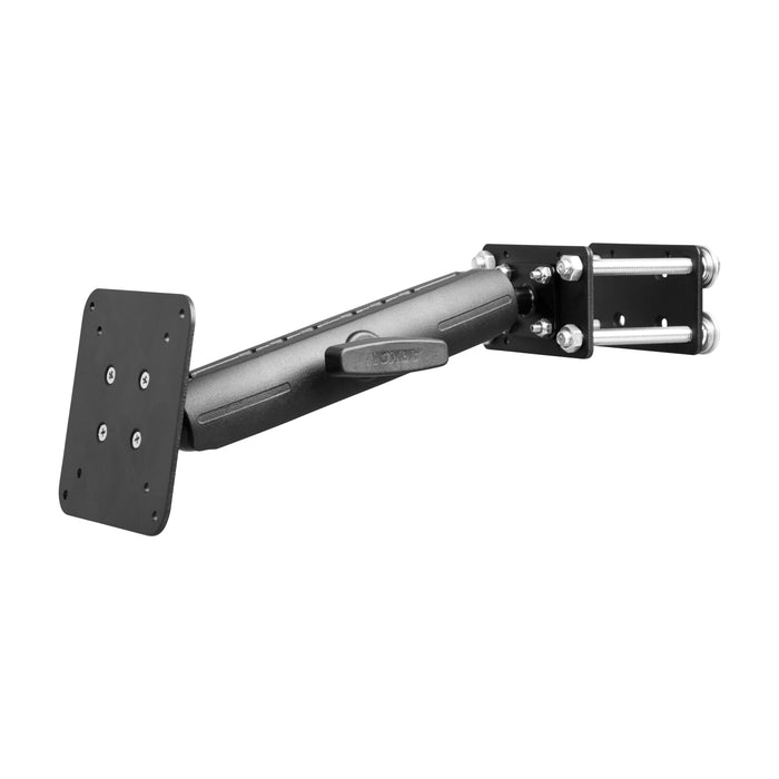 The 10.25 inch Metal Robust Forklift Front Guard VESA Mount features a black adjustable aluminum arm, flat rectangular plate, and mounting base—ideal for securely attaching devices to forklifts or warehouse vehicles.