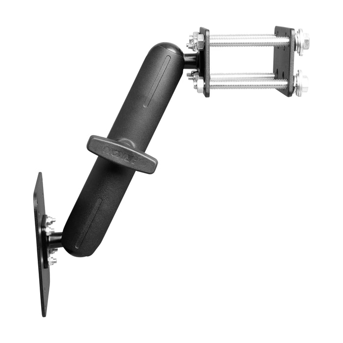 The 10.25 inch Metal Robust Forklift Front Guard VESA Mount is a black adjustable aluminum mount with dual flat plates and a jointed arm, ideal for securely attaching devices to vehicles or surfaces in warehouses.