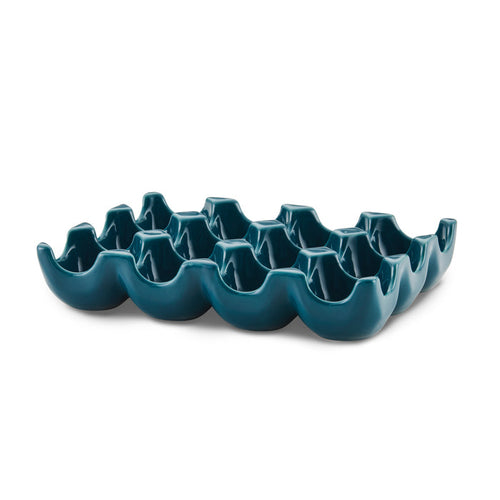 Teal ceramic egg tray featuring 12 compartments, perfect as a modern color accent and versatile hors d'oeuvres tray.