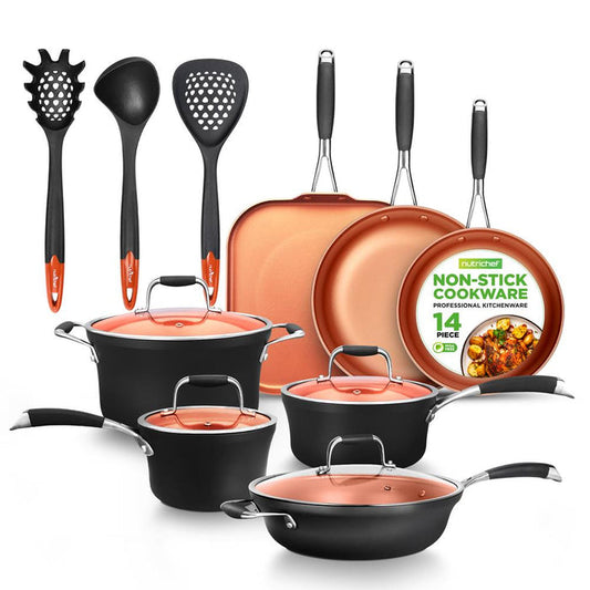 14-Piece Non-Stick Cookware Set - Even Heat, Copper Coating, Silicone Handles