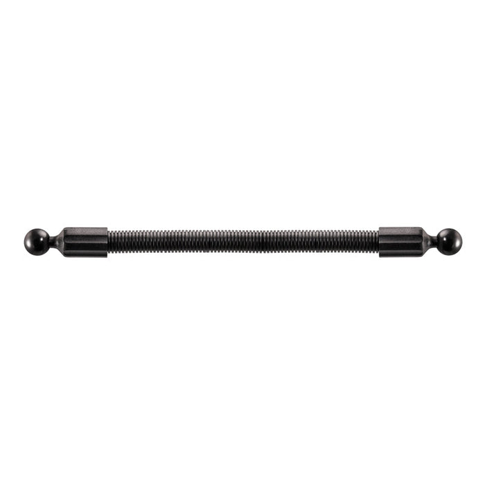 The 15.5 inch Double Socket Arm Extension Pole features 25mm (1 inch) ball ends on both sides, perfect for extension or 25mm mounting setups; black metal design, shown on a white background.