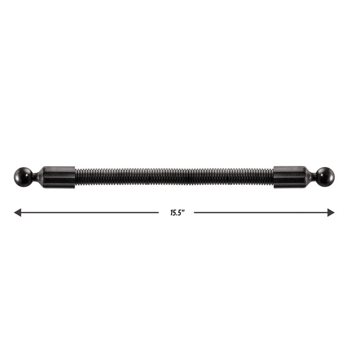 The 15.5 inch Double Socket Arm Extension Pole with 25mm (1 inch) ball ends is shown horizontally, featuring threaded sides and ball ends, with a double-headed arrow below indicating its length.