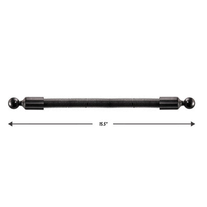 The 15.5 inch Double Socket Arm Extension Pole with 25mm (1 inch) ball ends is shown horizontally, featuring threaded sides and ball ends, with a double-headed arrow below indicating its length.