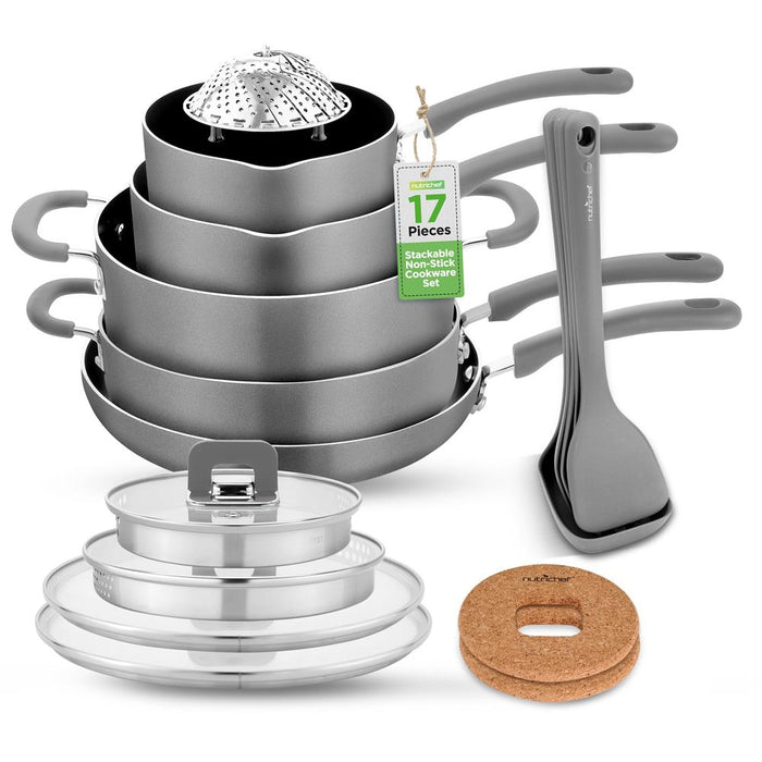 17-Piece Non-Stick Cookware Set - Space-Saving, Induction, Foldable Knob