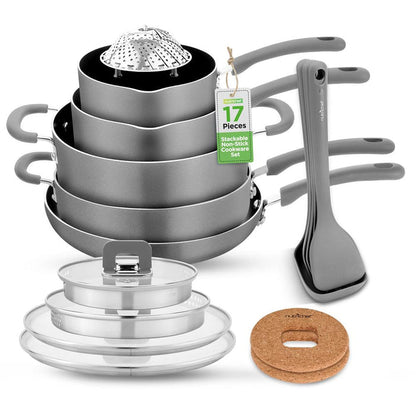 17-Piece Non-Stick Cookware Set - Space-Saving, Induction, Foldable Knob