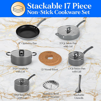 17-Piece Non-Stick Cookware Set - Space-Saving, Induction, Foldable Knob