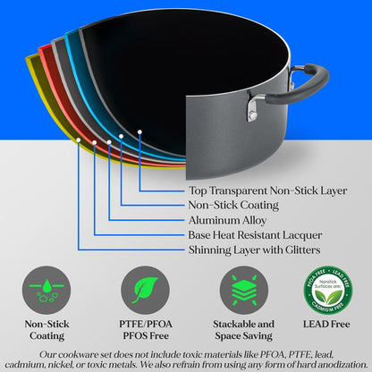 17-Piece Non-Stick Cookware Set - Space-Saving, Induction, Foldable Knob