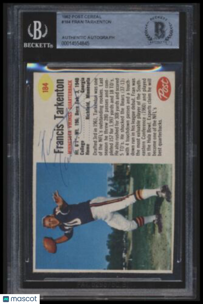 1962 Post Cereal #184 Fran Tarkenton BGS Authentic Auto