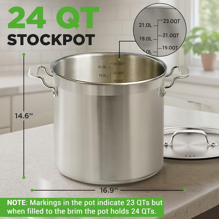 24 Qt Stainless Steel Stockpot, Even Heat, Induction Compatible