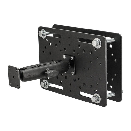 The 25mm Metal Robust Forklift AMPS Mount is a black, heavy-duty aluminum mount with multiple holes and bolts, plus a protruding arm for securely attaching devices to flat surfaces—ideal for use on warehouse vehicles.